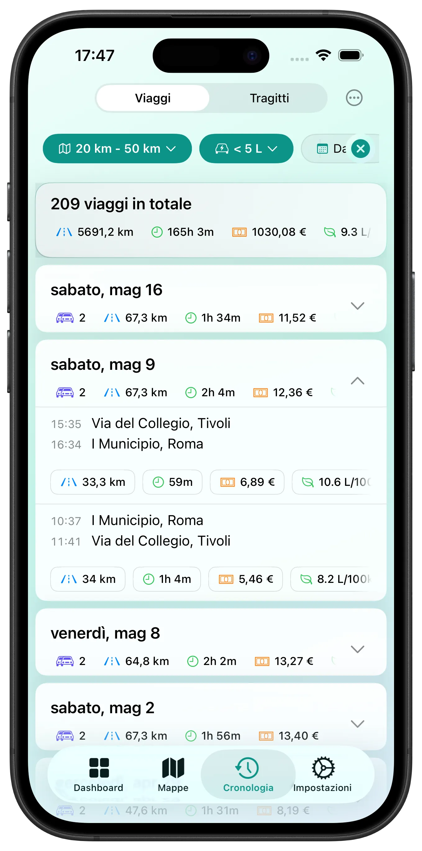 Ogni viaggio mostra il costo stimato del carburante e il tasso di consumo