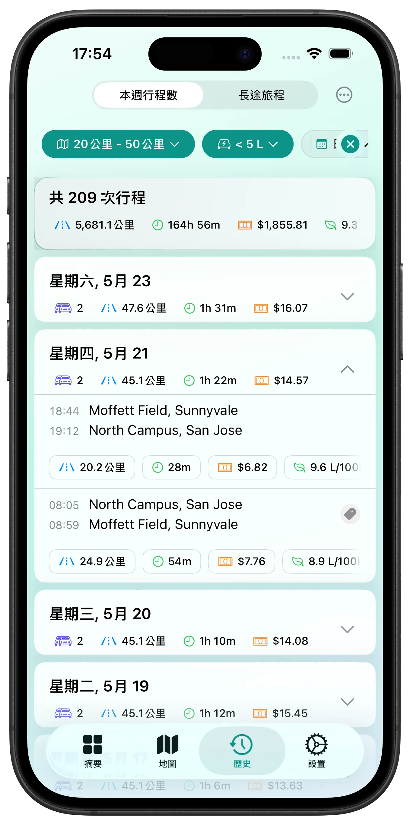 每次行程都顯示其估算燃料成本和油耗率